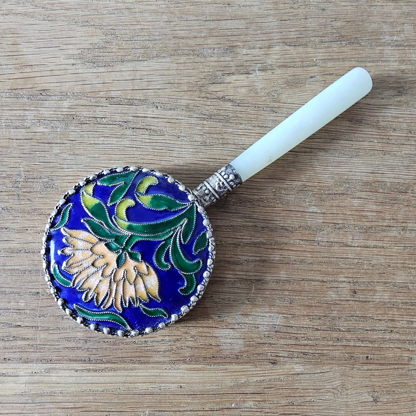 Art Deco Chinese cloisonné enamel floral hand mirror with serpentine handle