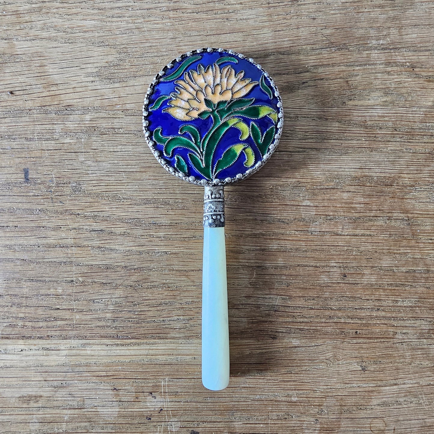 Art Deco Chinese cloisonné enamel floral hand mirror with serpentine handle