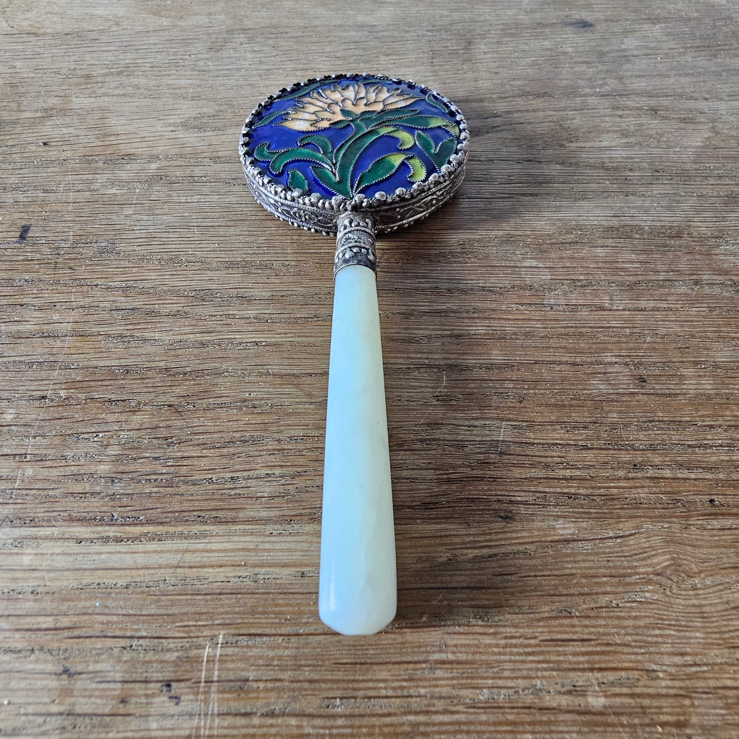 Art Deco Chinese cloisonné enamel floral hand mirror with serpentine handle