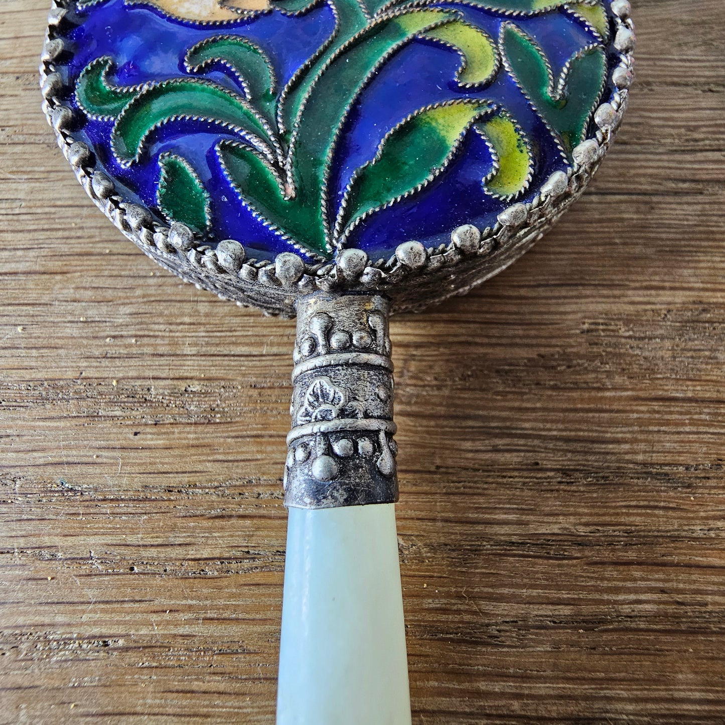 Art Deco Chinese cloisonné enamel floral hand mirror with serpentine handle