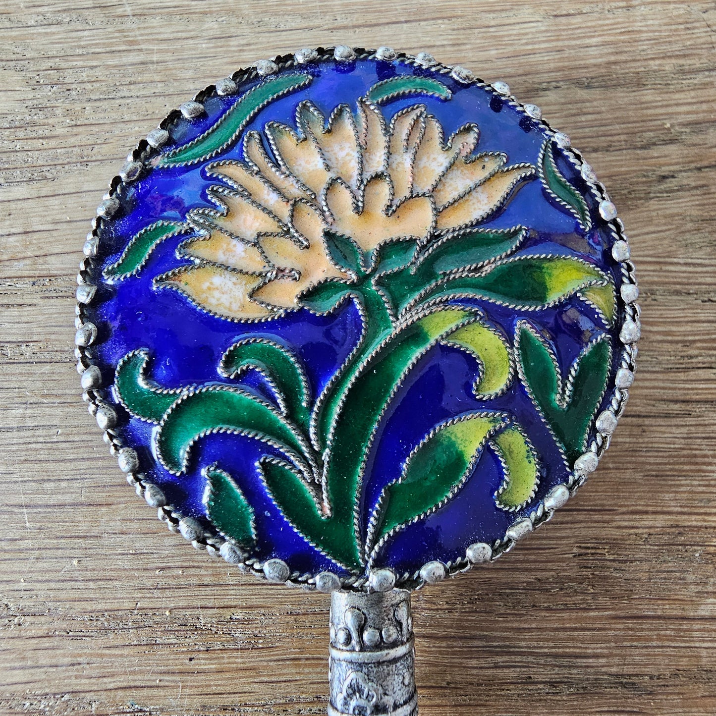Art Deco Chinese cloisonné enamel floral hand mirror with serpentine handle