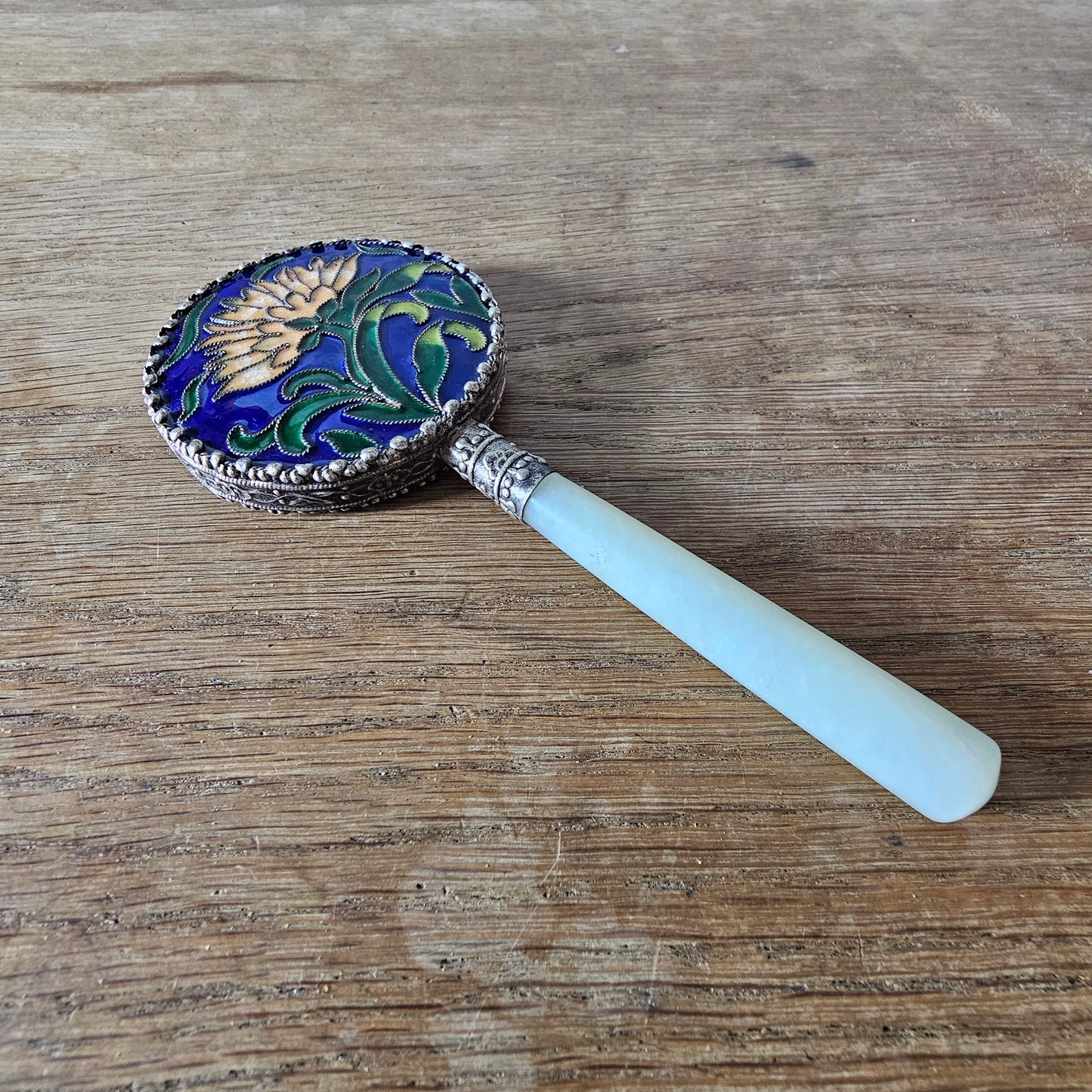 Art Deco Chinese cloisonné enamel floral hand mirror with serpentine handle