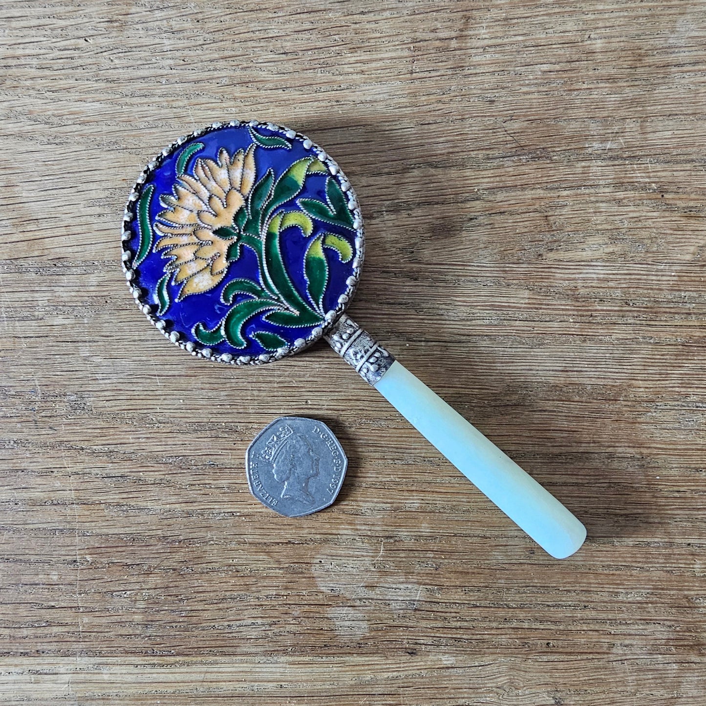 Art Deco Chinese cloisonné enamel floral hand mirror with serpentine handle