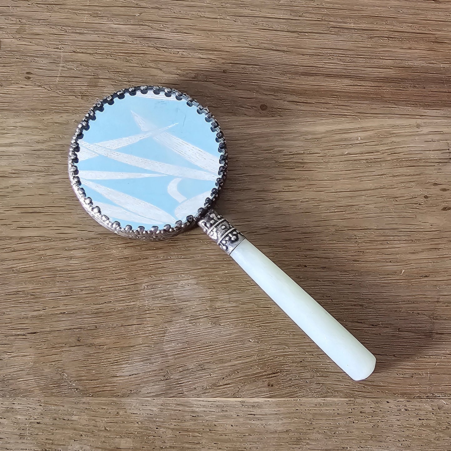 Art Deco Chinese cloisonné enamel floral hand mirror with serpentine handle