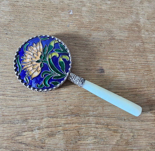 Art Deco Chinese cloisonné enamel floral hand mirror with serpentine handle