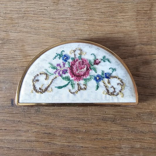 1950s needlepoint floral panel & gold-tone half moon powder compact (empty)