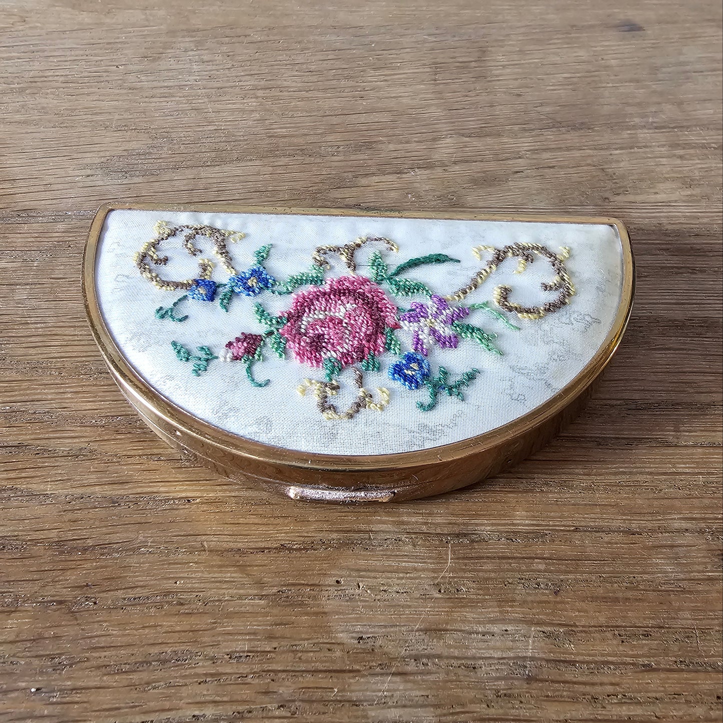 1950s needlepoint floral panel & gold-tone half moon powder compact (empty)