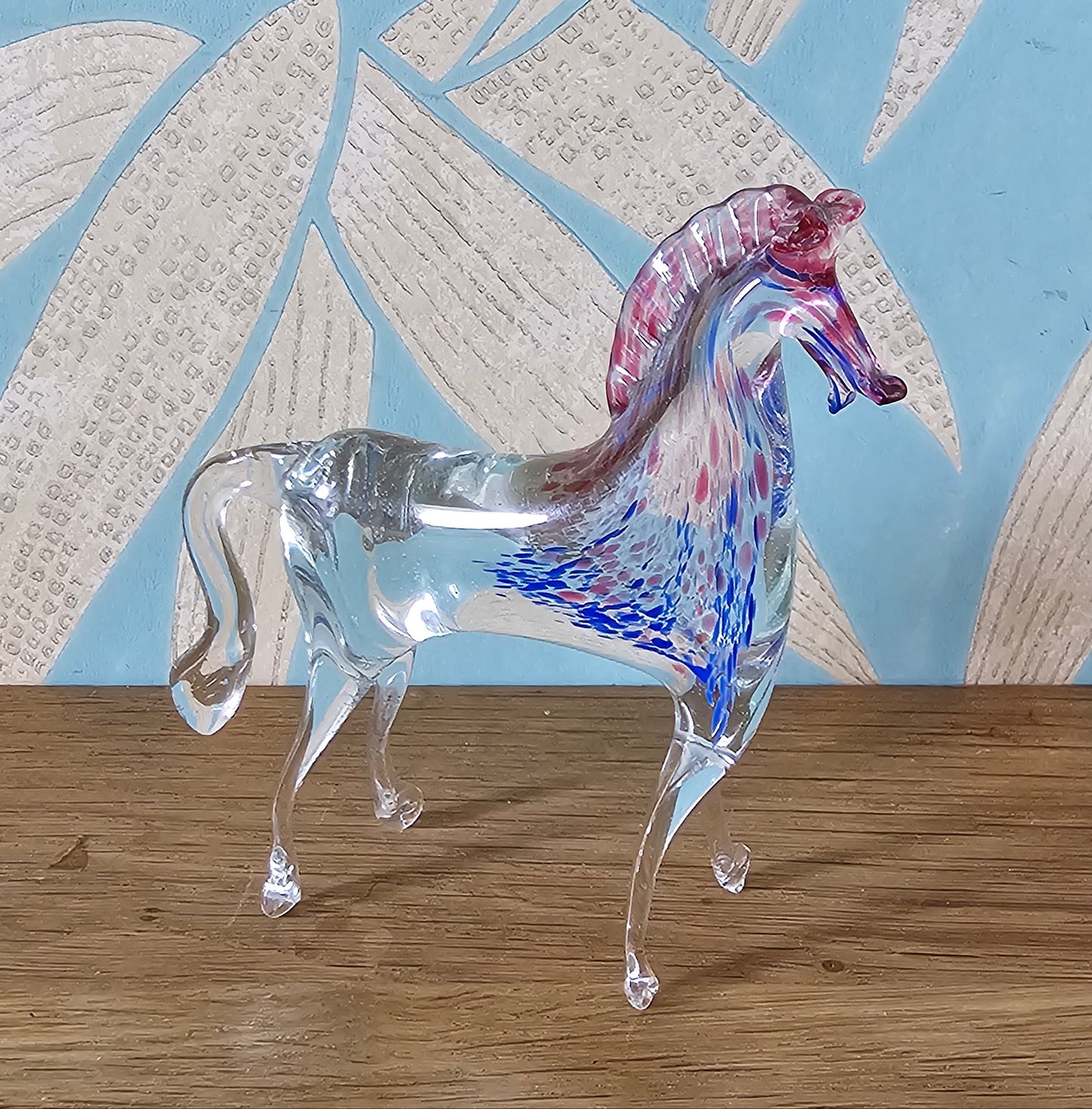1960s/70s Murano-style handblown glass horse figurine with pink & blue confetti detail