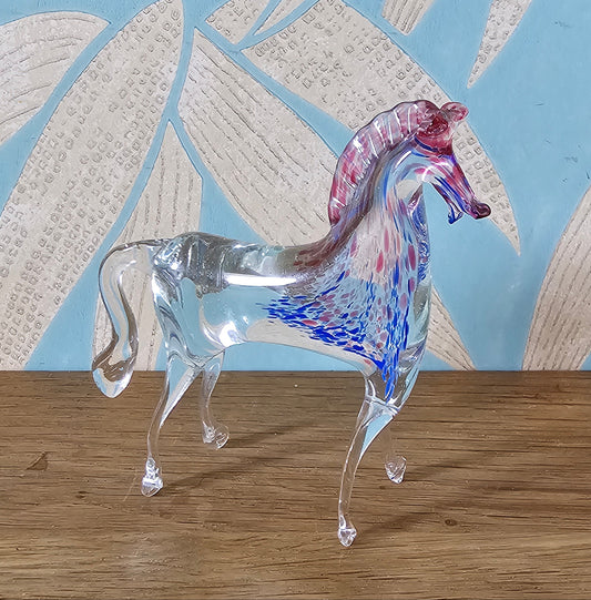 1960s/70s Murano-style handblown glass horse figurine with pink & blue confetti detail