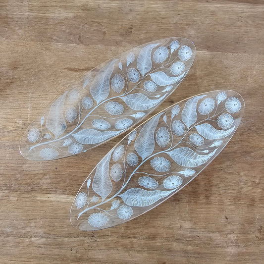 Pair of late 1950s Michael Harris for Chance Glass 'Calypto' longboat dishes