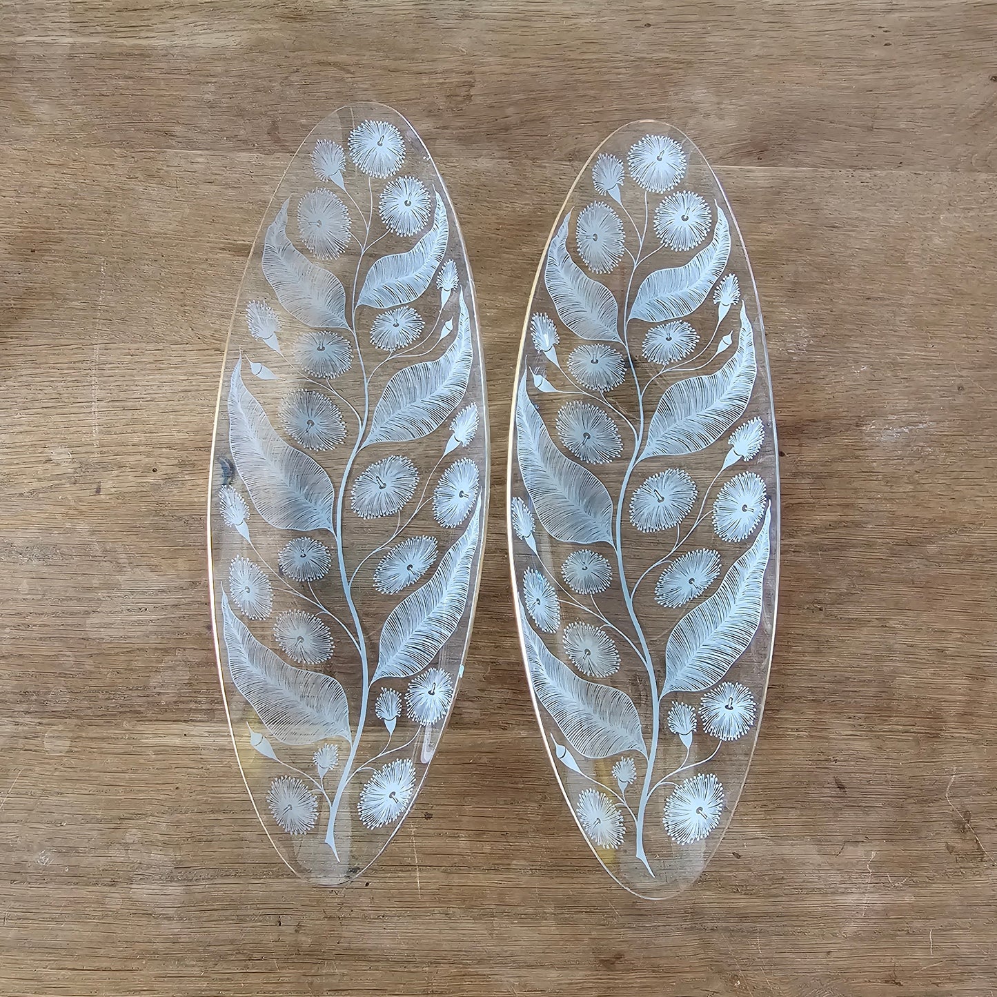 Pair of late 1950s Michael Harris for Chance Glass 'Calypto' longboat dishes