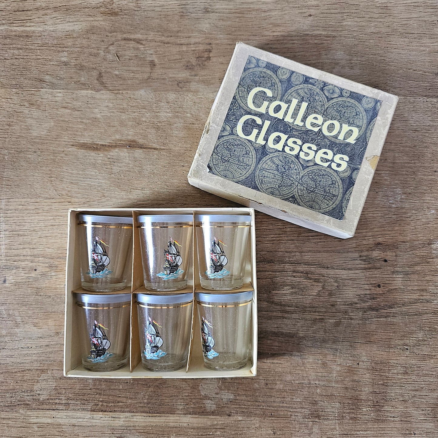 Set of six 1960s “Galleon Glasses” shot glasses with original box