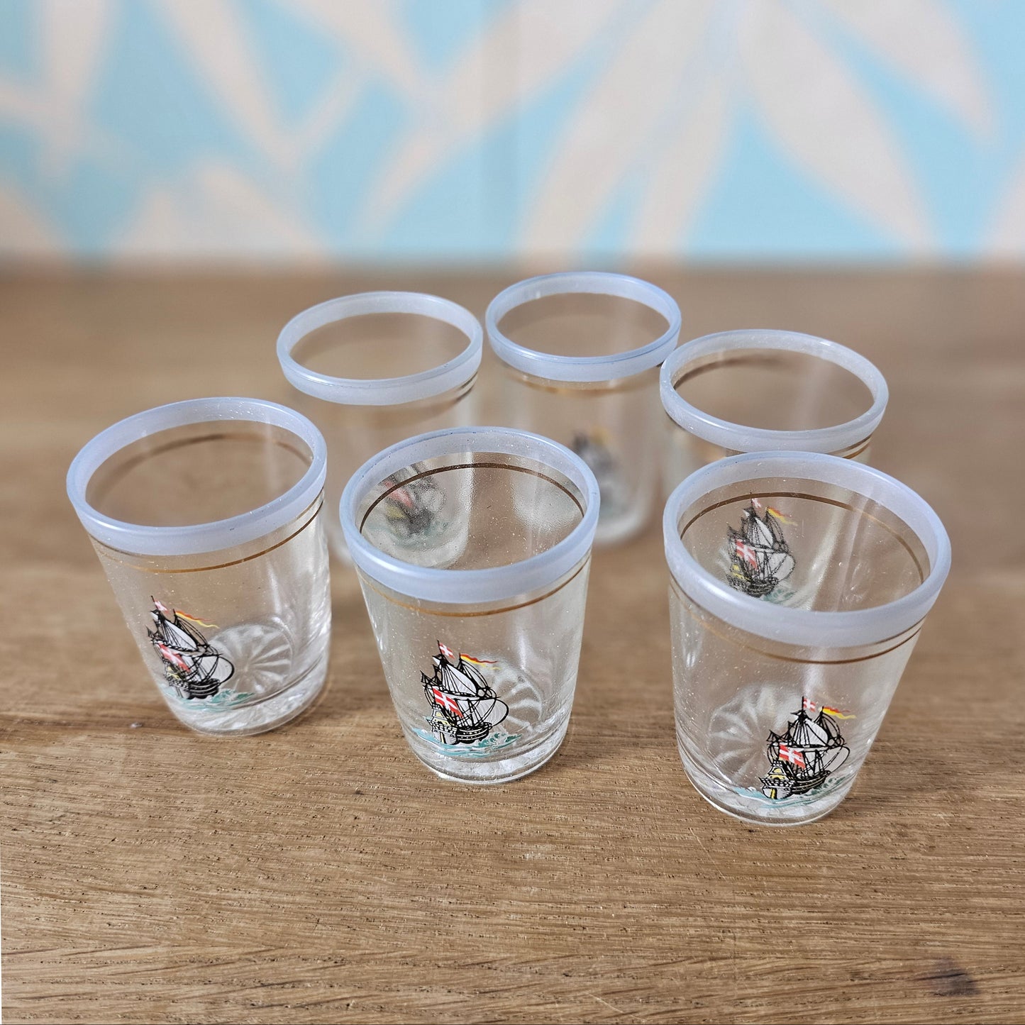 Set of six 1960s “Galleon Glasses” shot glasses with original box