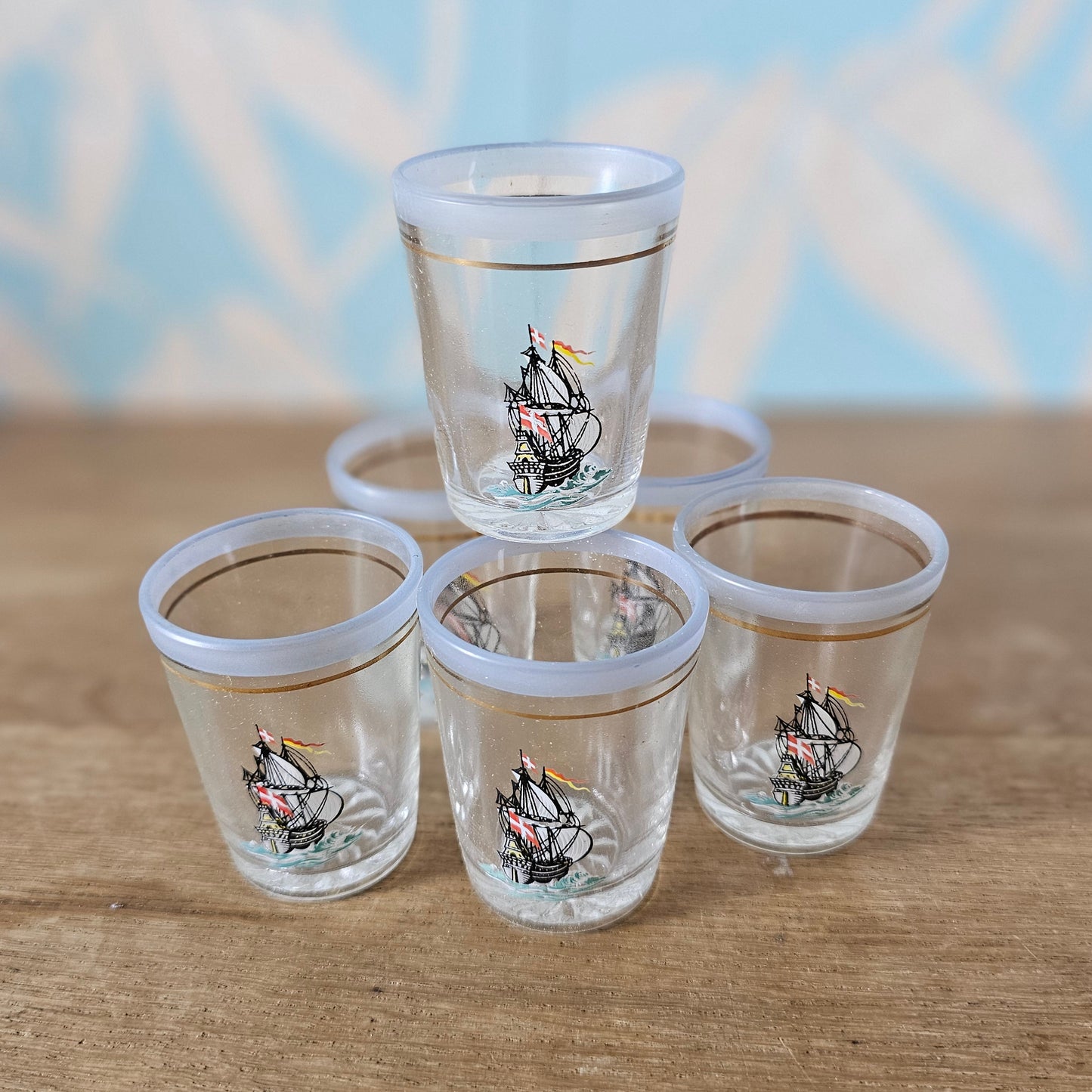 Set of six 1960s “Galleon Glasses” shot glasses with original box