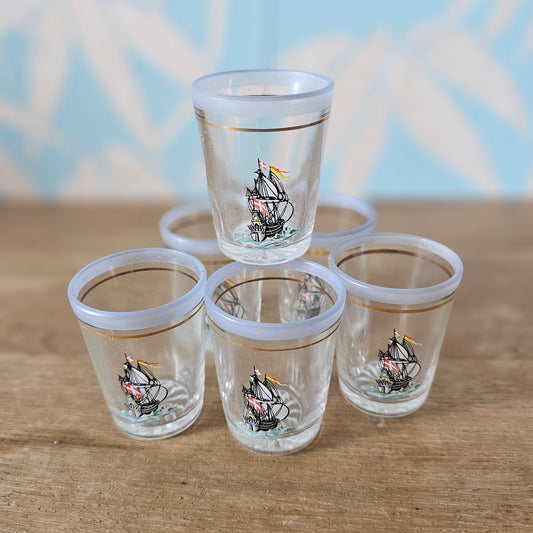 Set of six 1960s “Galleon Glasses” shot glasses with original box