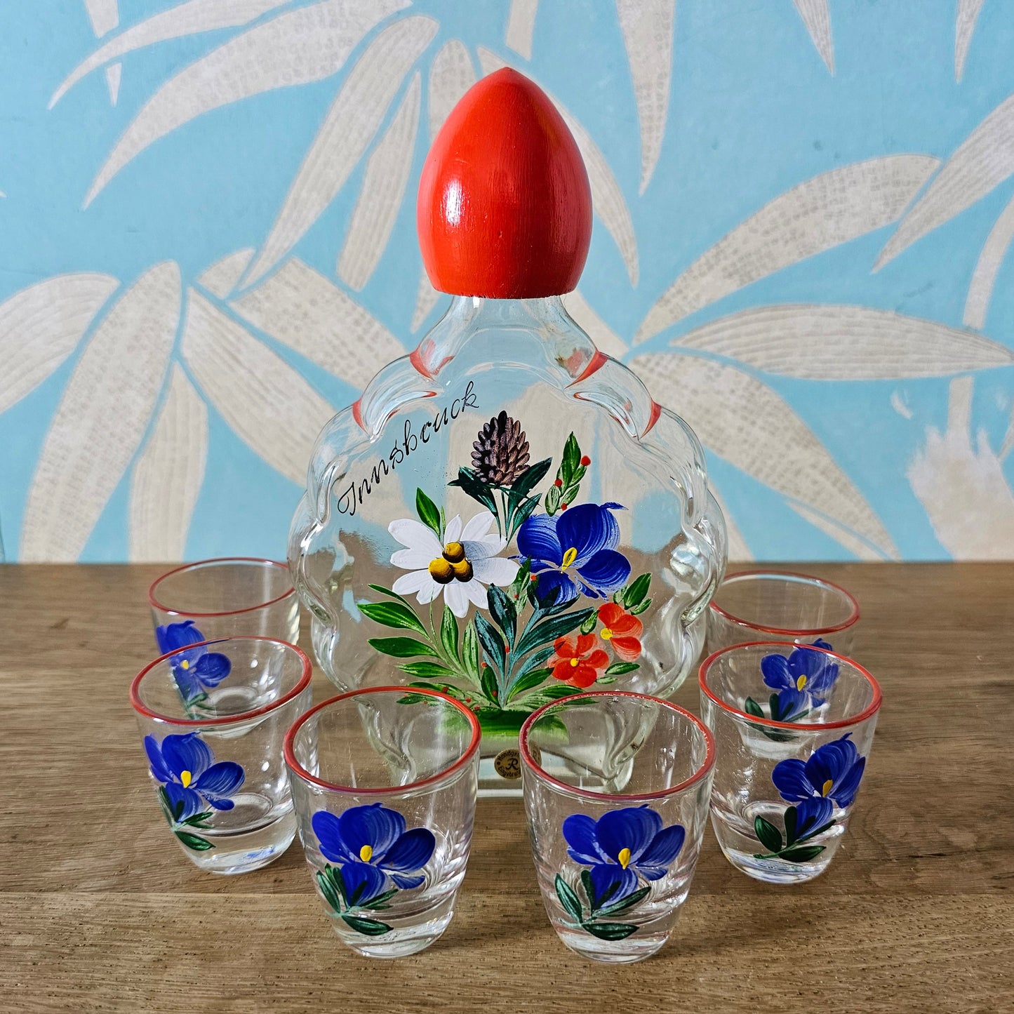 1960s/70s Innsbruck Austria hand-painted glass decanter set, original box