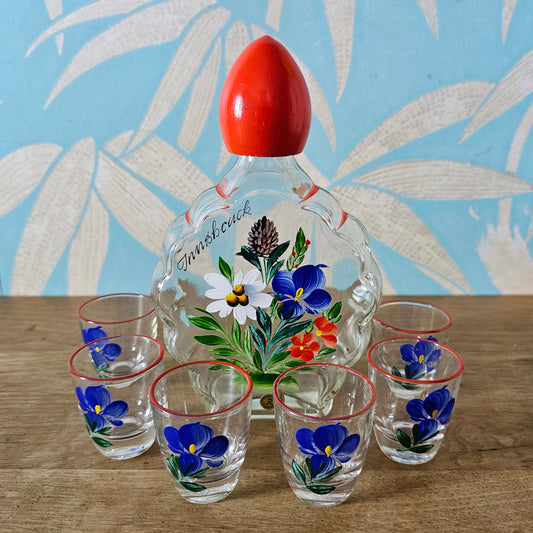 1960s/70s Innsbruck Austria hand-painted glass decanter set, original box