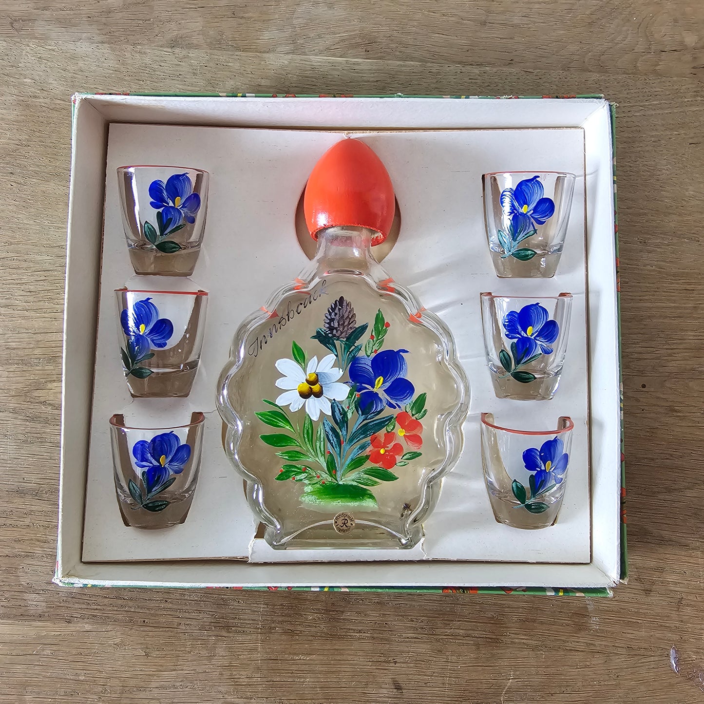 1960s/70s Innsbruck Austria hand-painted glass decanter set, original box