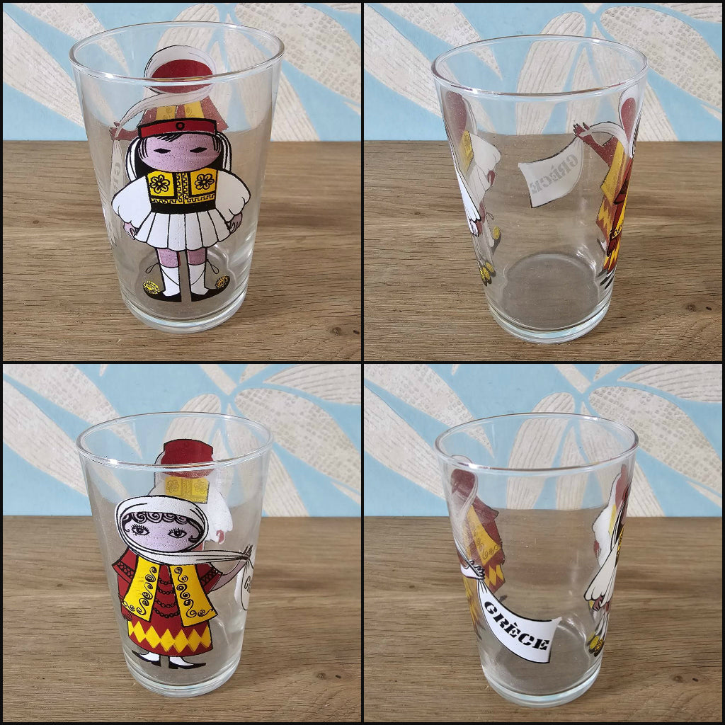 Set of four 1960s Saint-Gobain “World Doll” character tumblers with original box