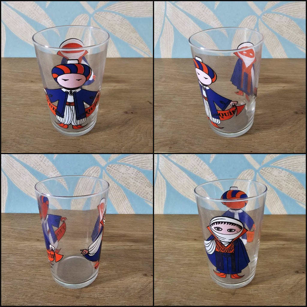 Set of four 1960s Saint-Gobain “World Doll” character tumblers with original box