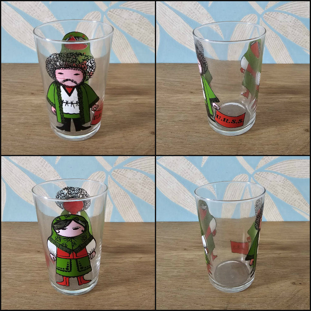 Set of four 1960s Saint-Gobain “World Doll” character tumblers with original box