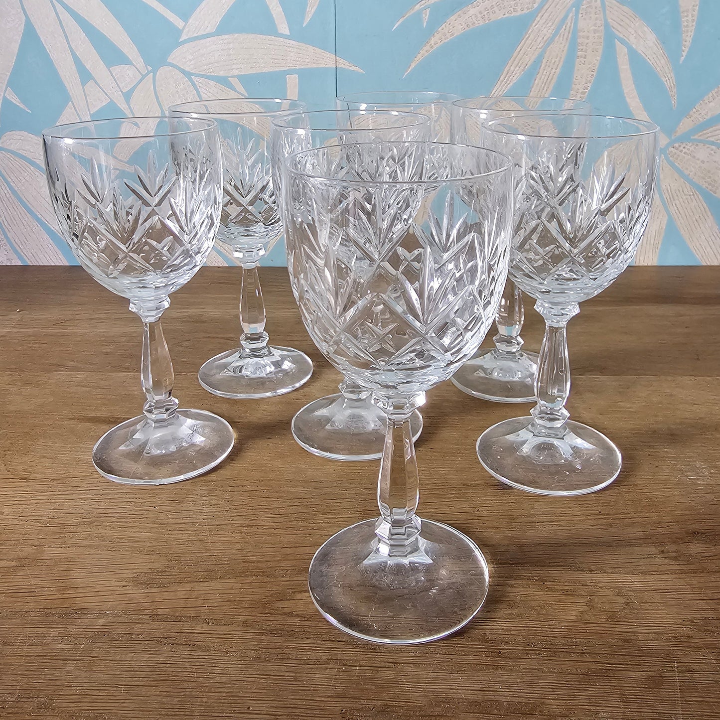 Set of seven 1990s cut crystal wine glasses