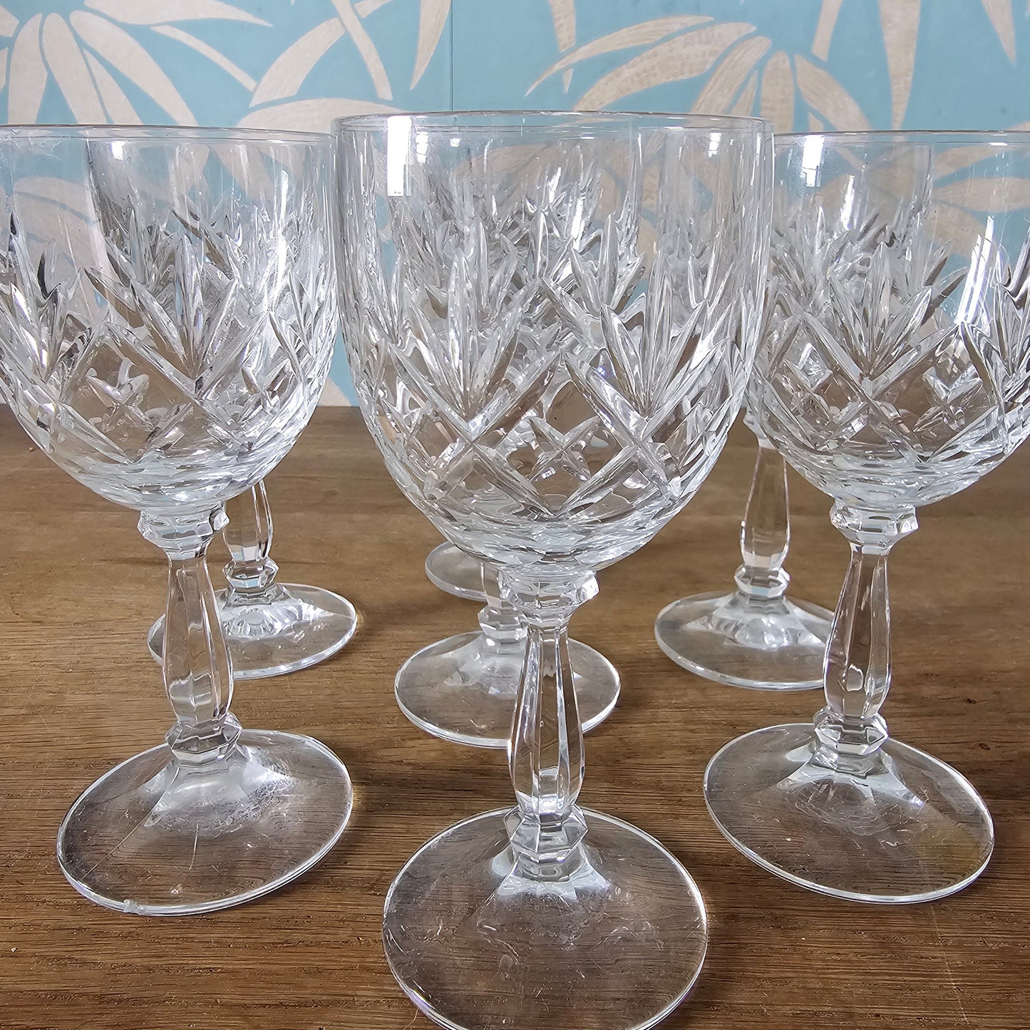 Set of seven 1990s cut crystal wine glasses