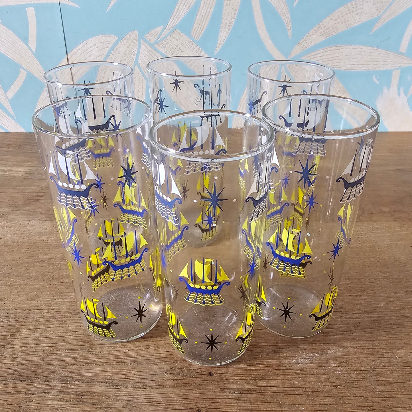 Set of six 1960s viking ship highball glasses
