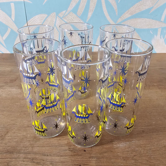 Set of six 1960s viking ship highball glasses