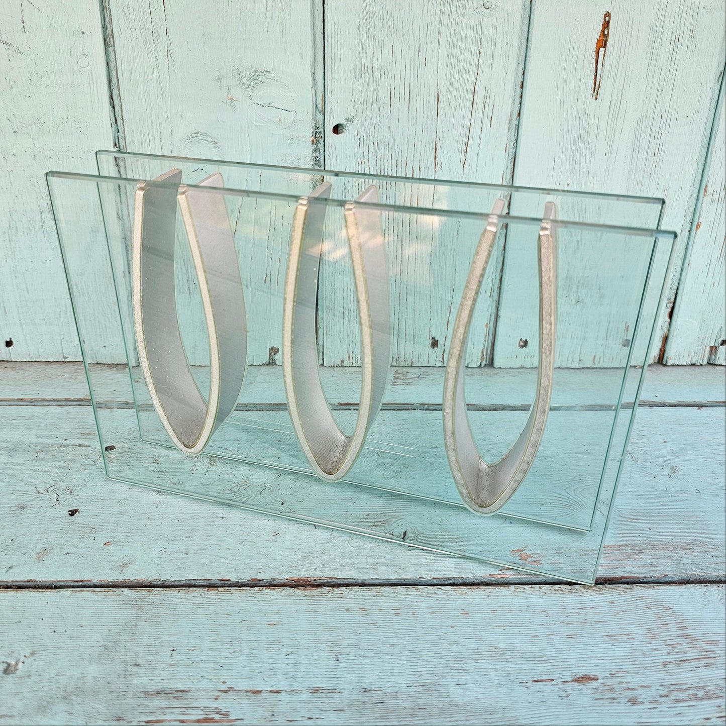 1970s “Ribbon Vase”-style rectangular three-aperture glass bud/specimen vase