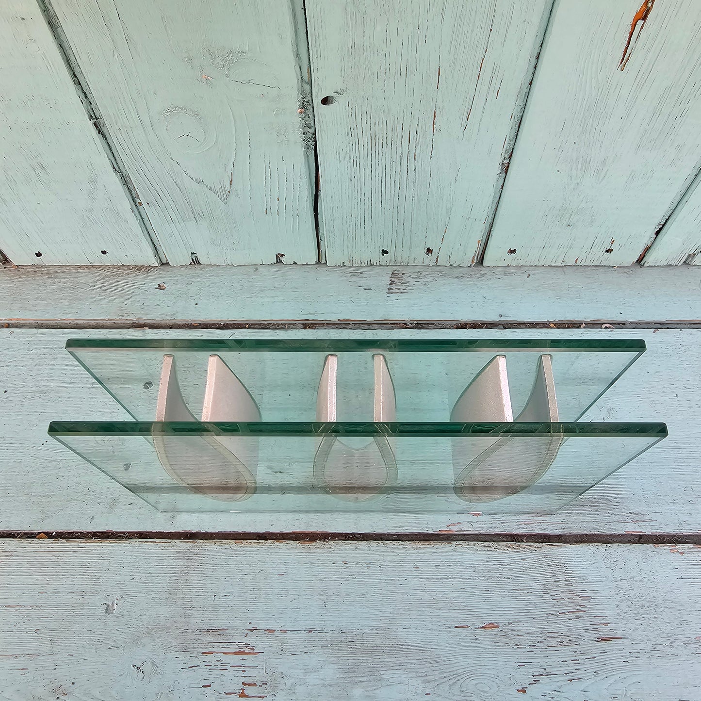 1970s “Ribbon Vase”-style rectangular three-aperture glass bud/specimen vase