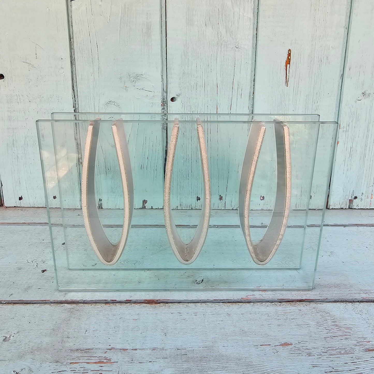 1970s “Ribbon Vase”-style rectangular three-aperture glass bud/specimen vase