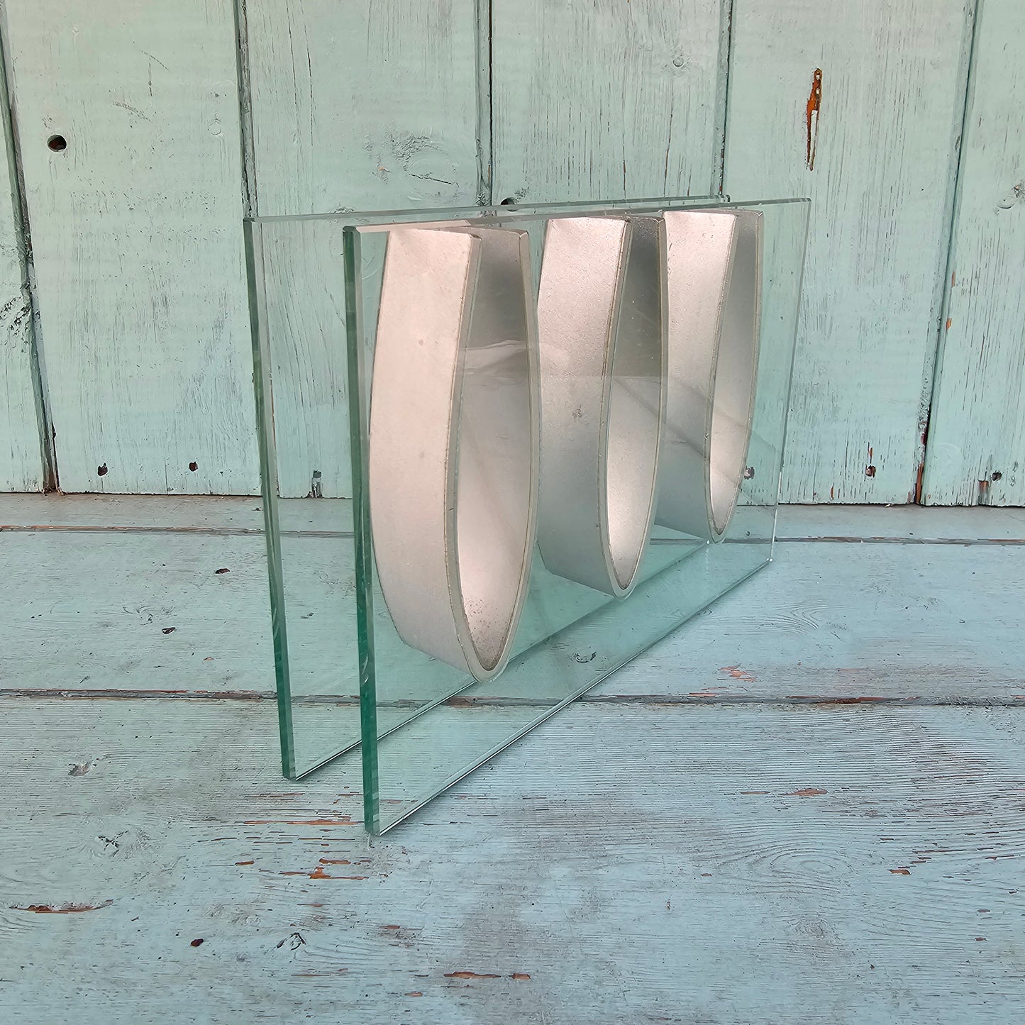 1970s “Ribbon Vase”-style rectangular three-aperture glass bud/specimen vase