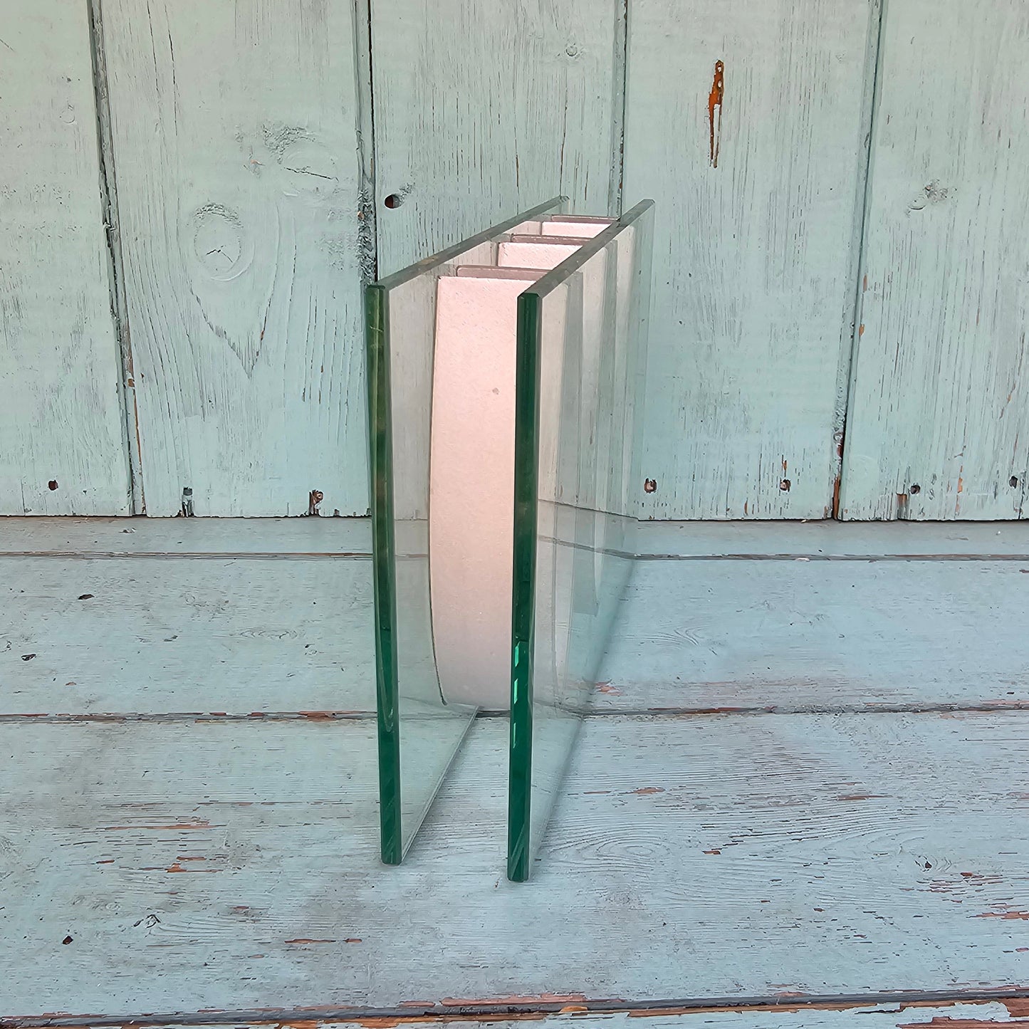 1970s “Ribbon Vase”-style rectangular three-aperture glass bud/specimen vase