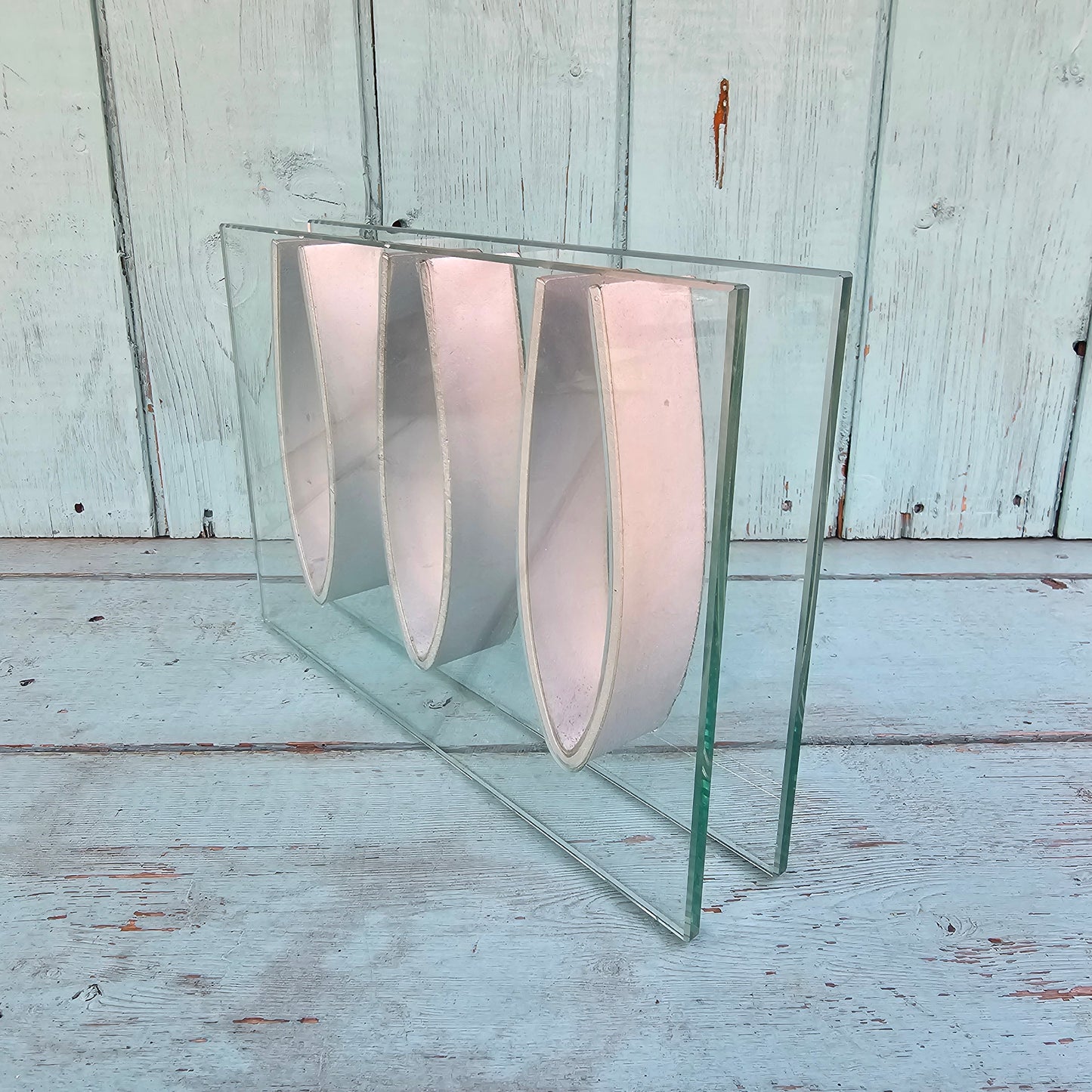 1970s “Ribbon Vase”-style rectangular three-aperture glass bud/specimen vase