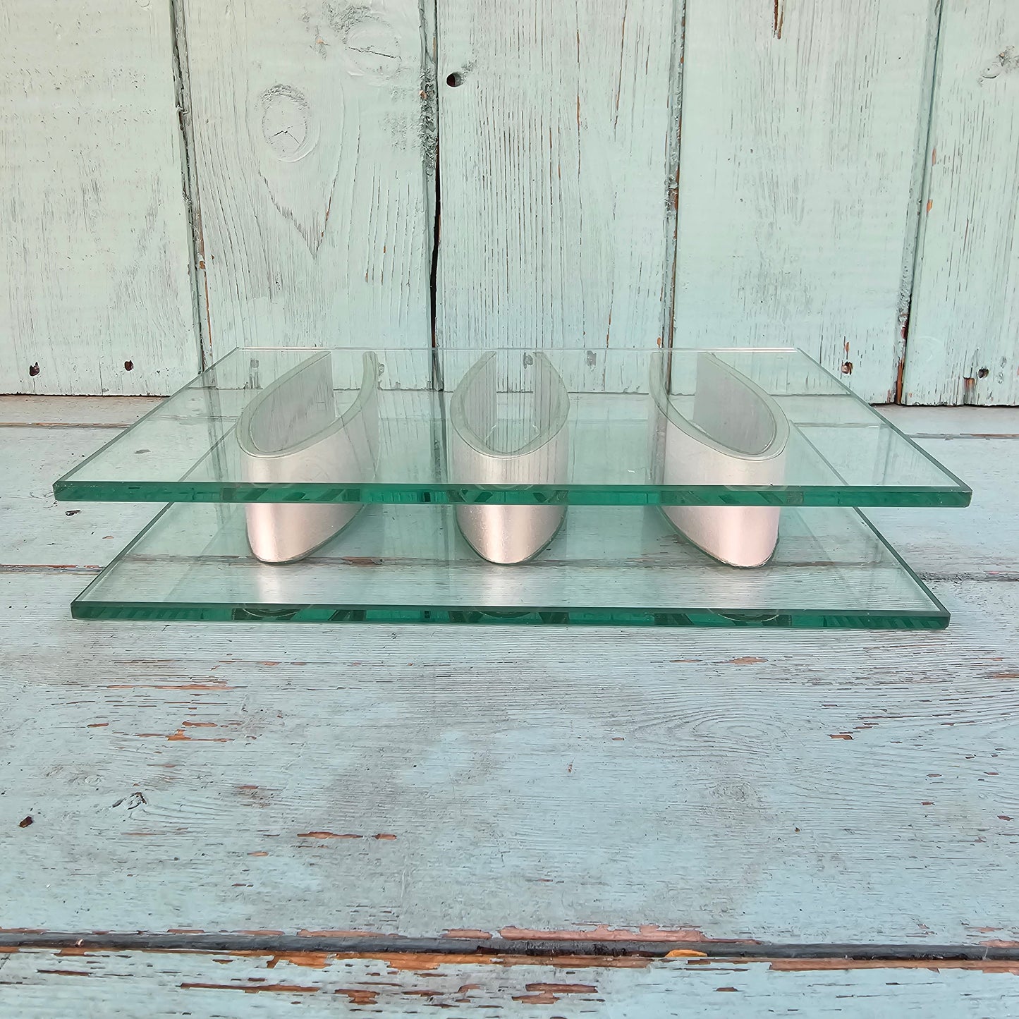 1970s “Ribbon Vase”-style rectangular three-aperture glass bud/specimen vase