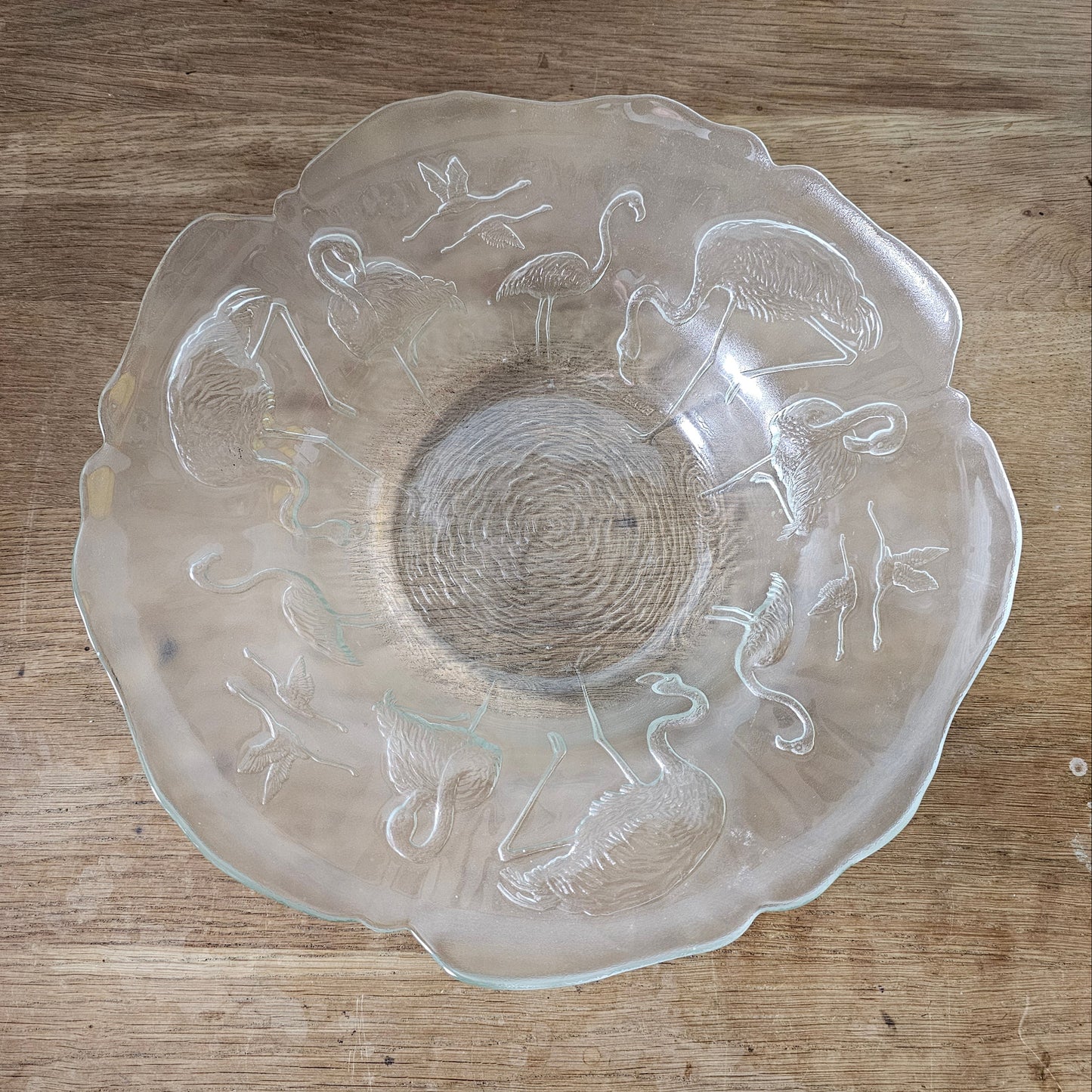 Large circa. 1970s embossed flamingos glass console bowl, made in France