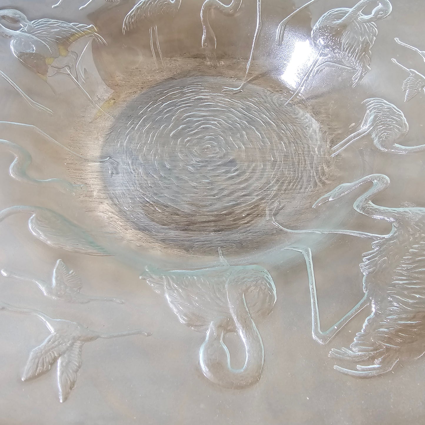 Large circa. 1970s embossed flamingos glass console bowl, made in France