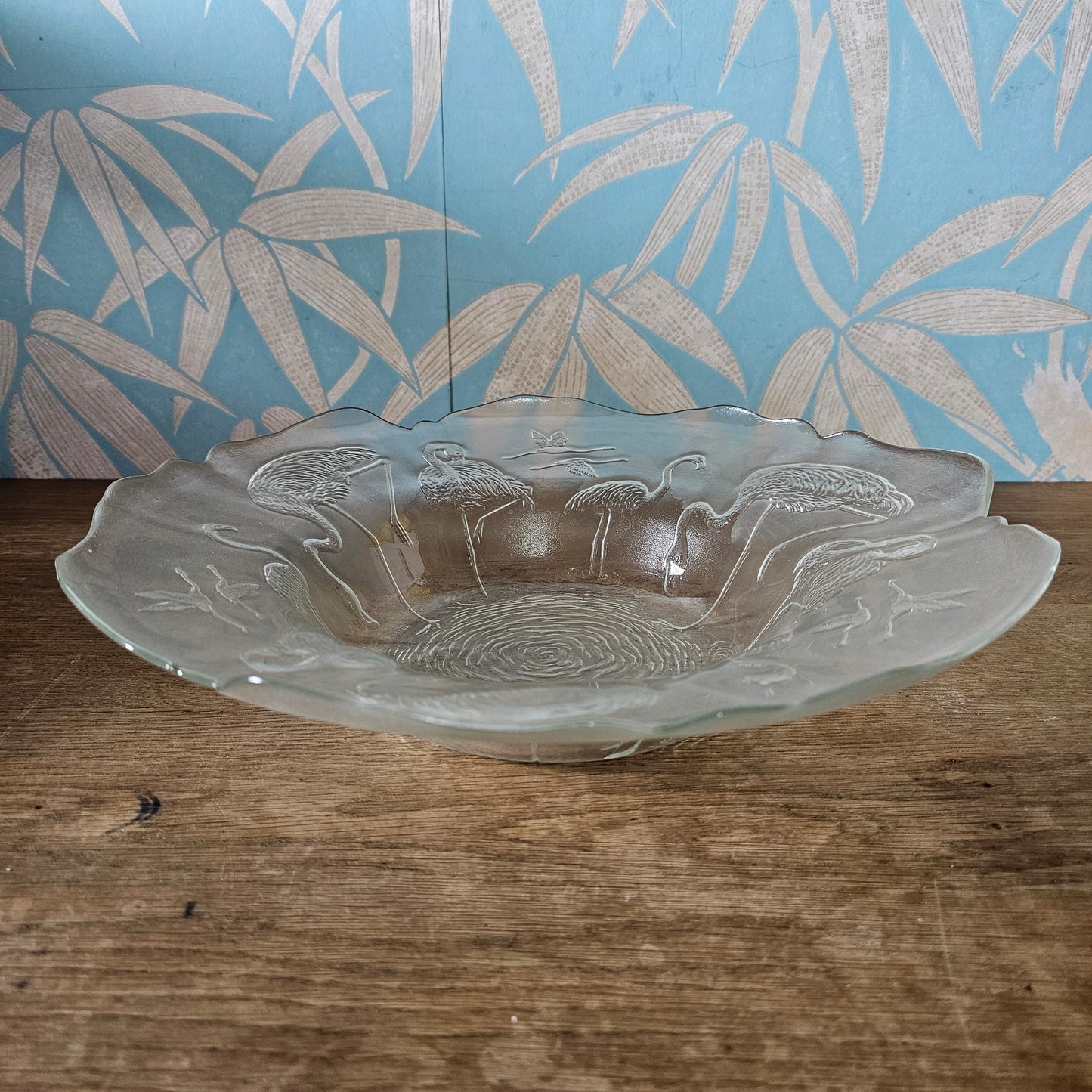 Large circa. 1970s embossed flamingos glass console bowl, made in France