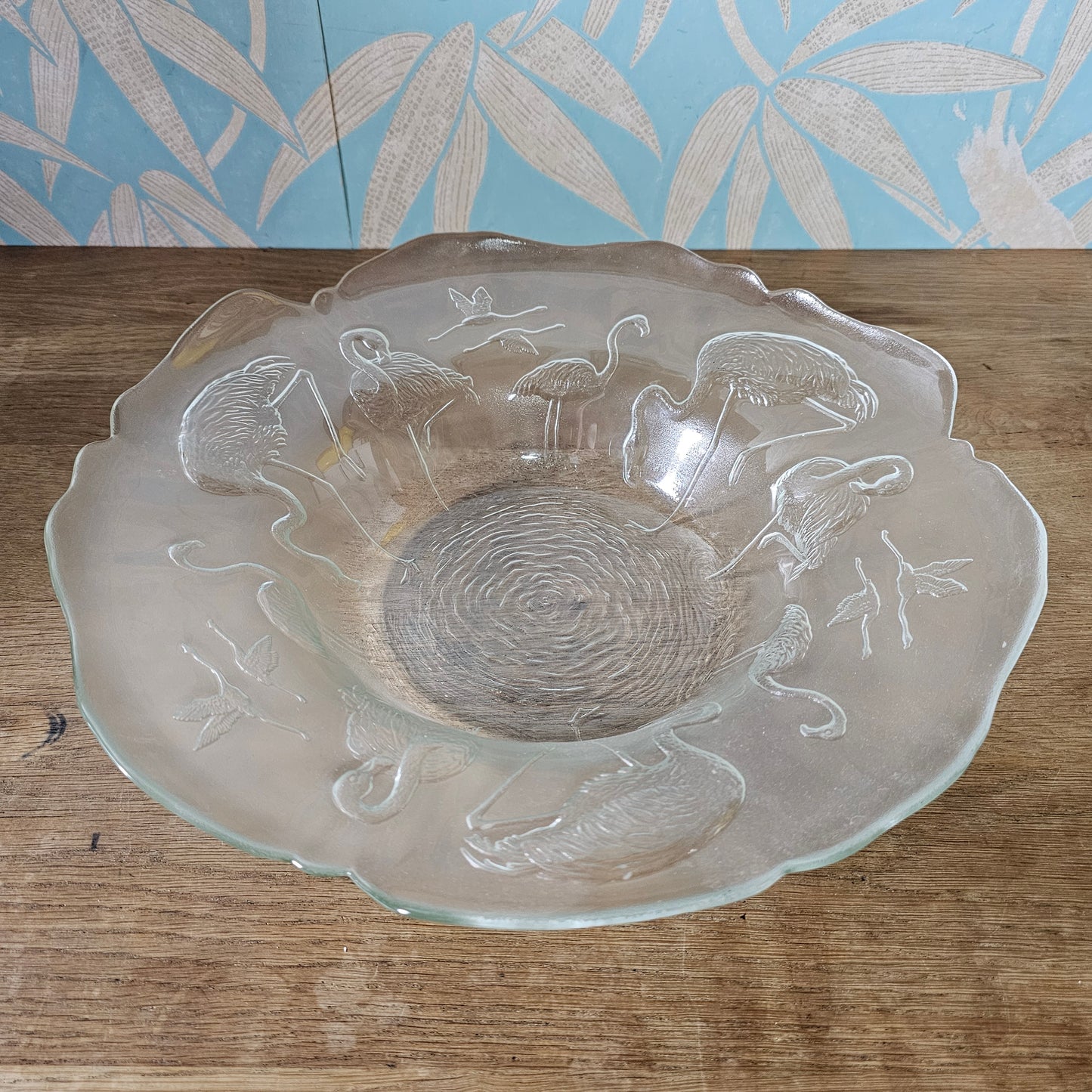 Large circa. 1970s embossed flamingos glass console bowl, made in France
