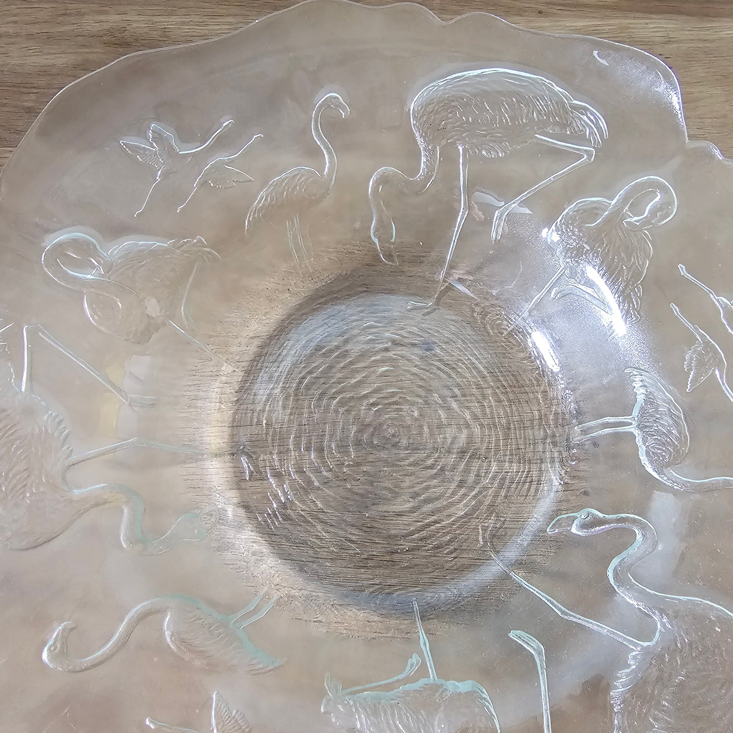 Large circa. 1970s embossed flamingos glass console bowl, made in France