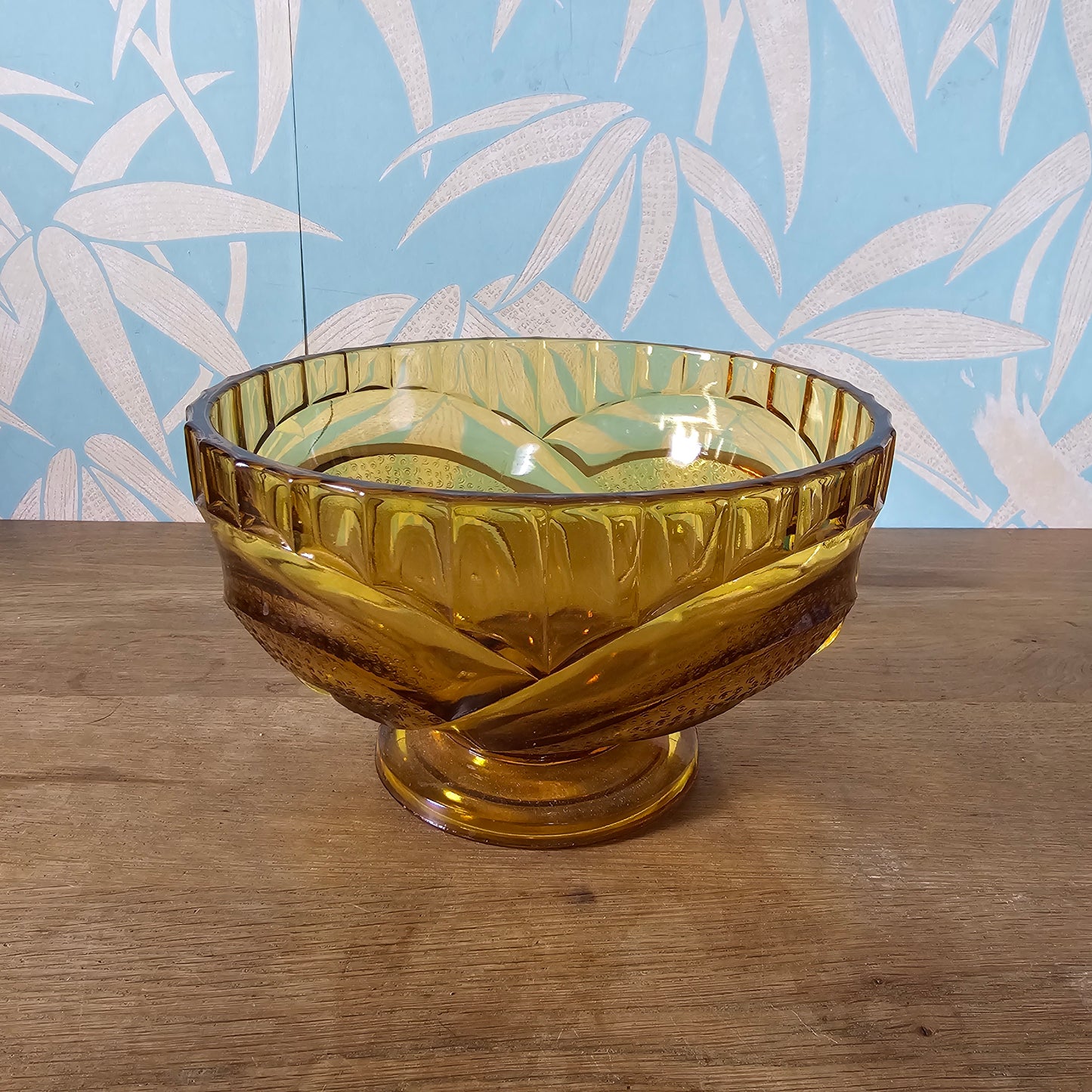 1930s Sowerby amber pressed glass pedestal fruit bowl