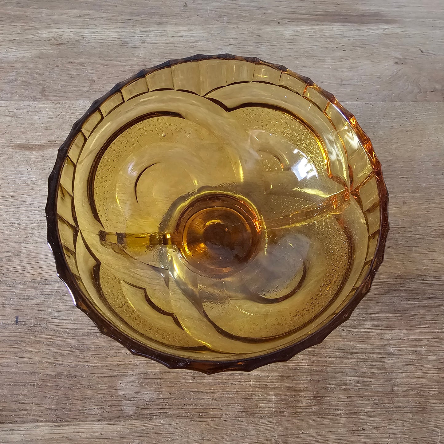 1930s Sowerby amber pressed glass pedestal fruit bowl