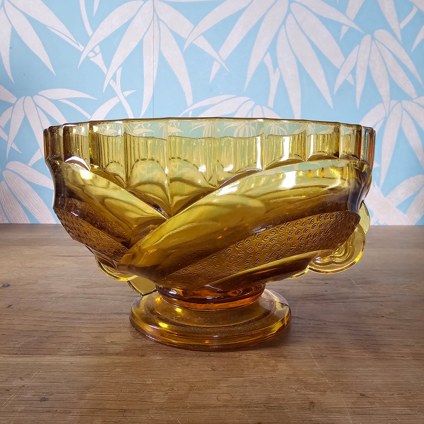 1930s Sowerby amber pressed glass pedestal fruit bowl