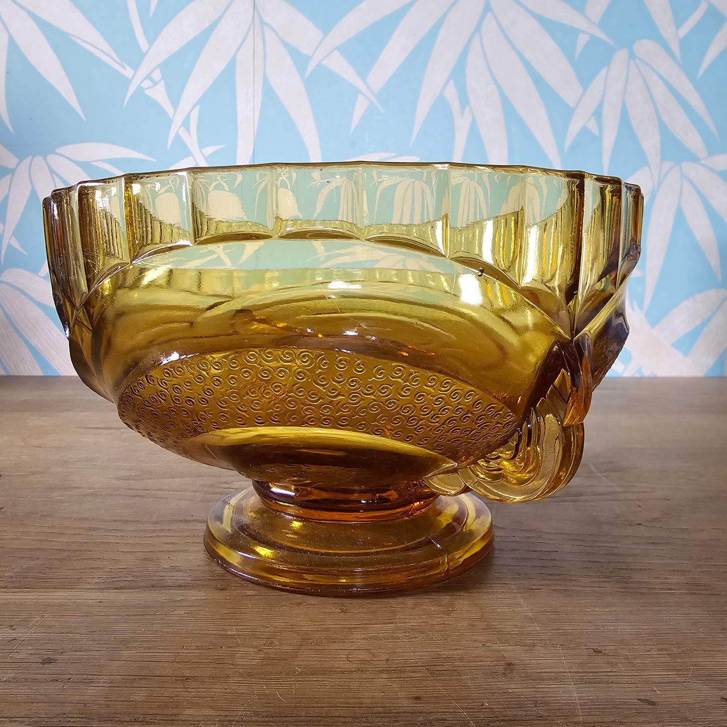 1930s Sowerby amber pressed glass pedestal fruit bowl