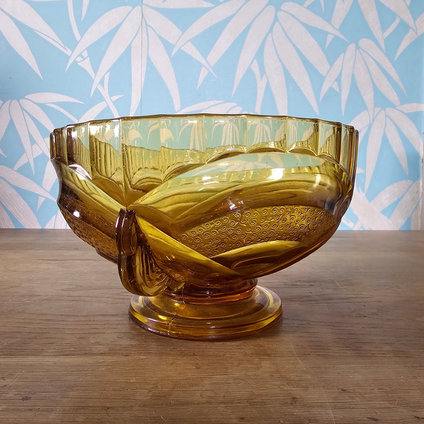 1930s Sowerby amber pressed glass pedestal fruit bowl