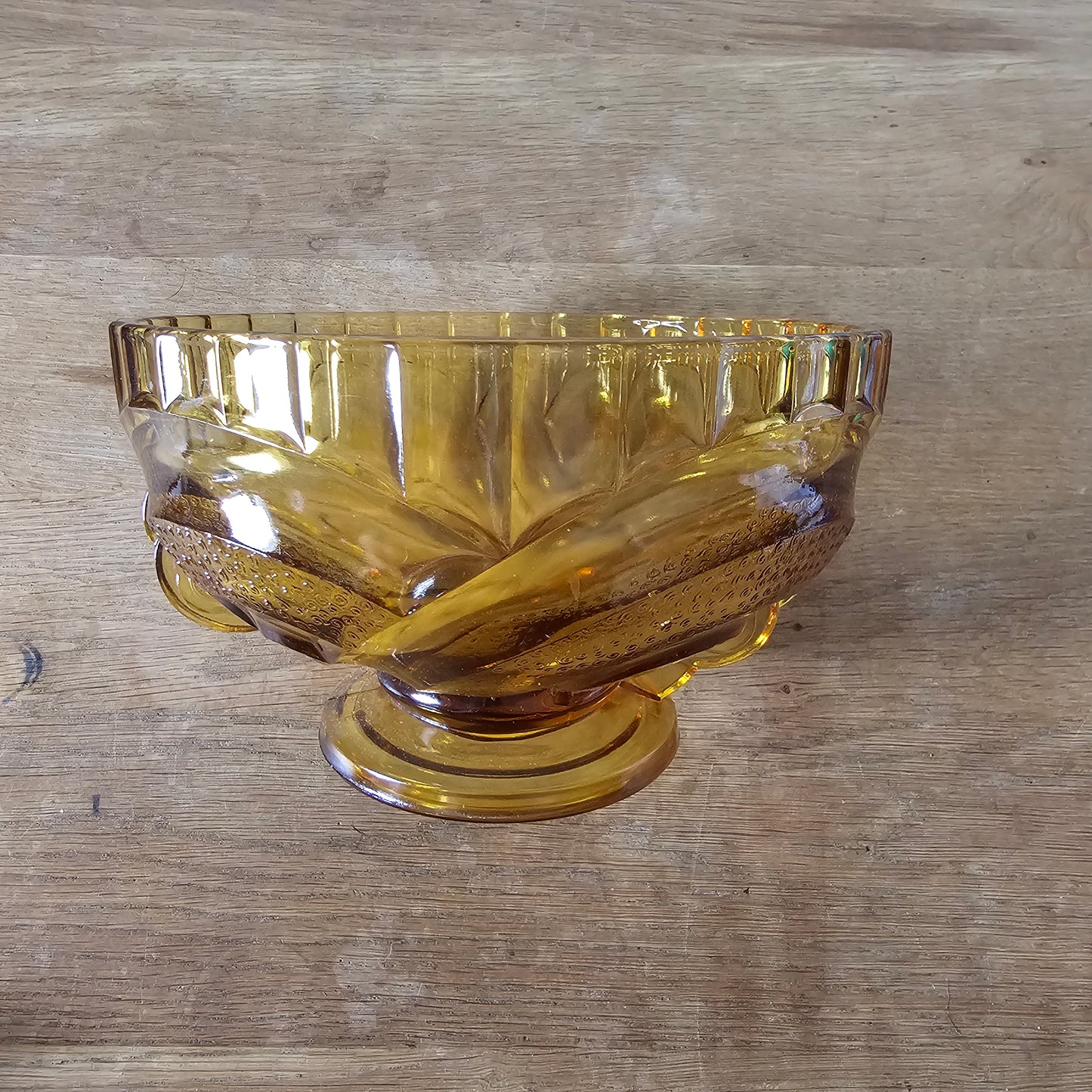 1930s Sowerby amber pressed glass pedestal fruit bowl