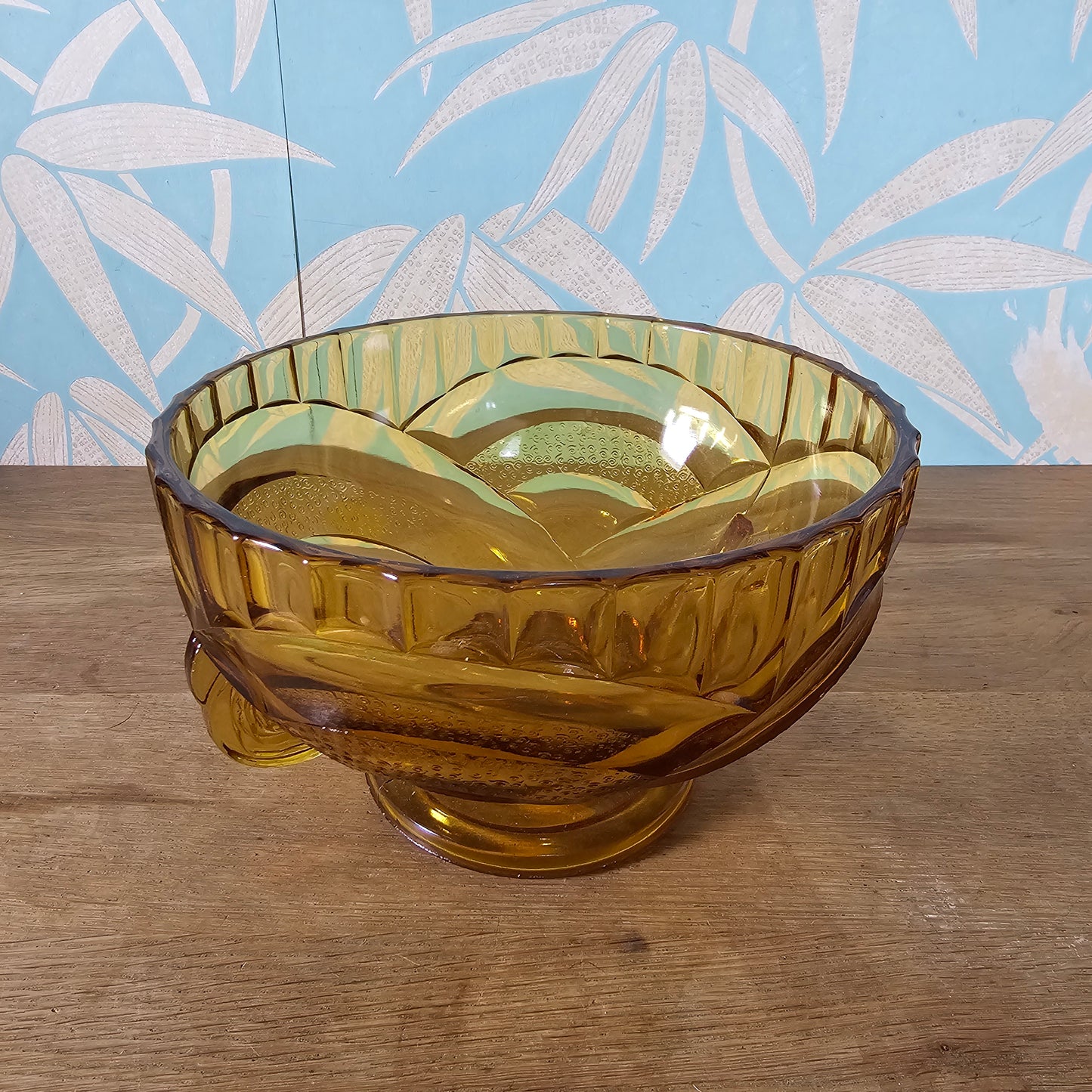 1930s Sowerby amber pressed glass pedestal fruit bowl