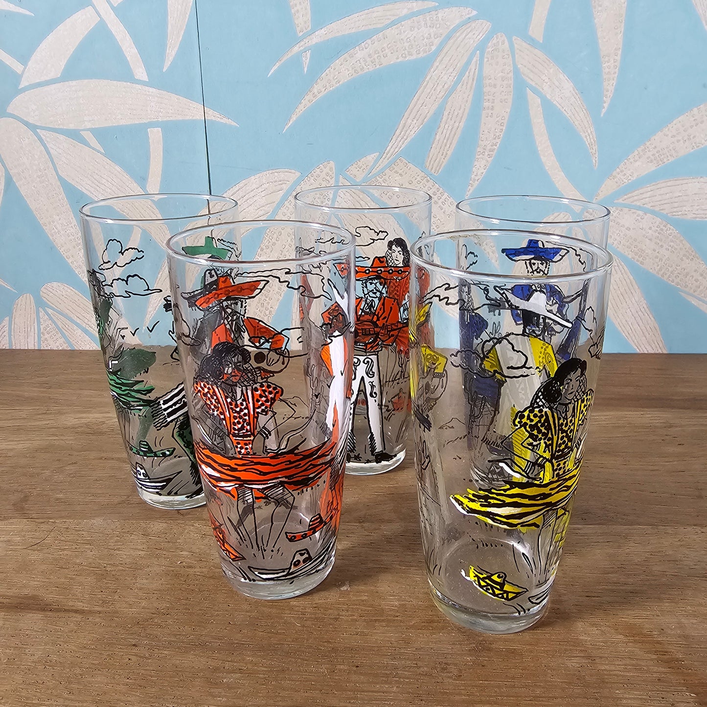 Set of five 1960s colourful flamenco dancer highballs