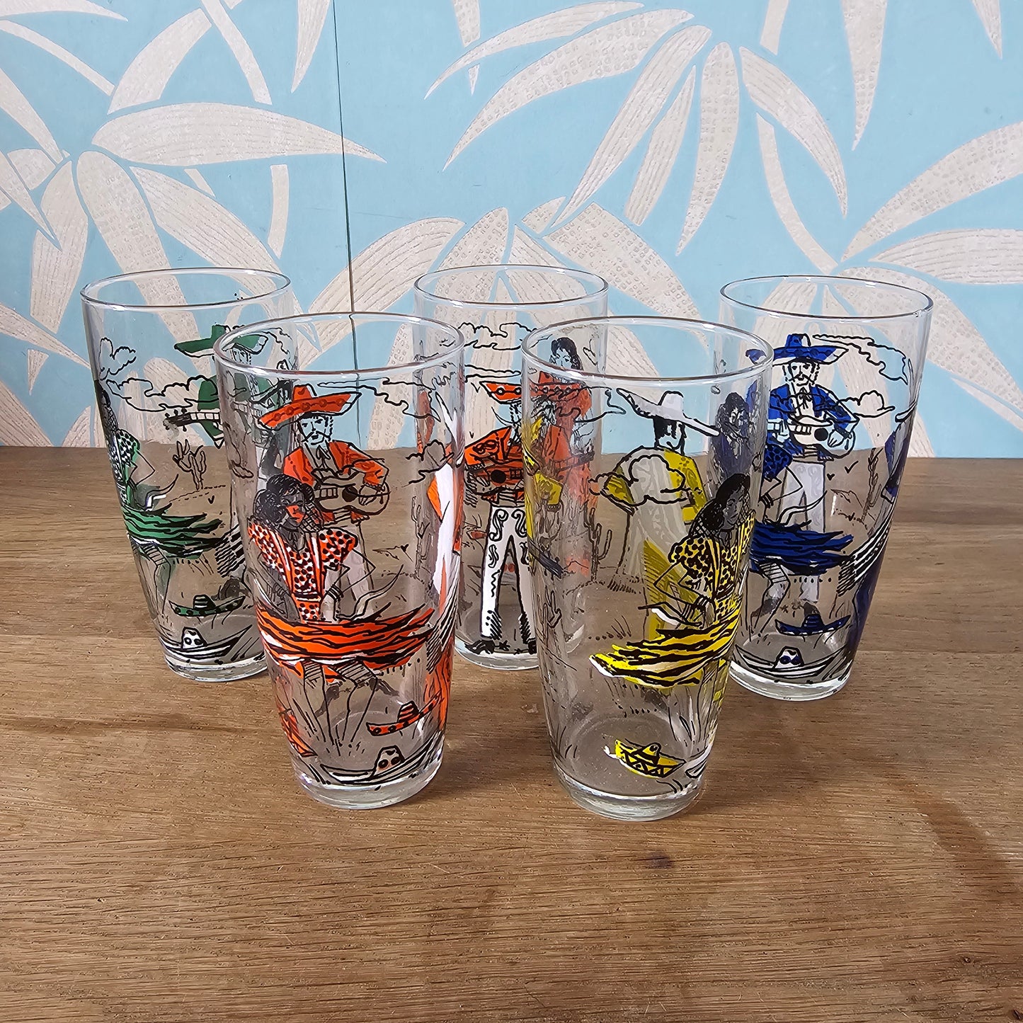 Set of five 1960s colourful flamenco dancer highballs